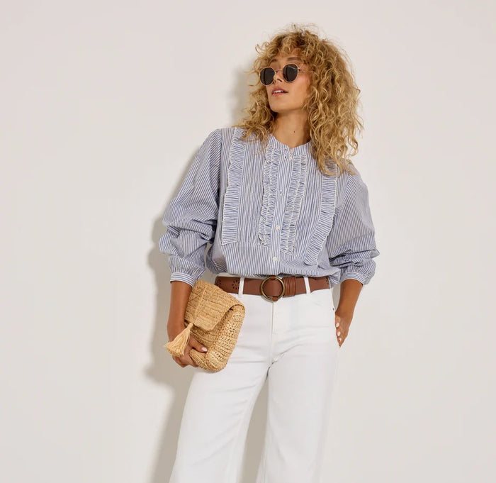 FIVE STRIPE AND FRILL FRONT SHIRT