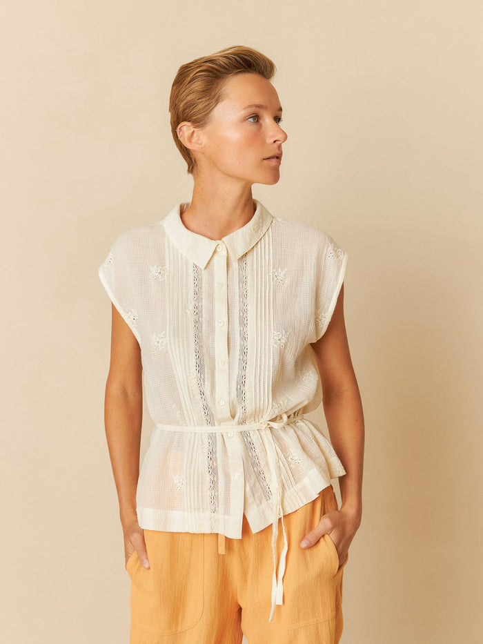 INDI AND COLD CREAM COTTON EMBROIDERED SHIRT