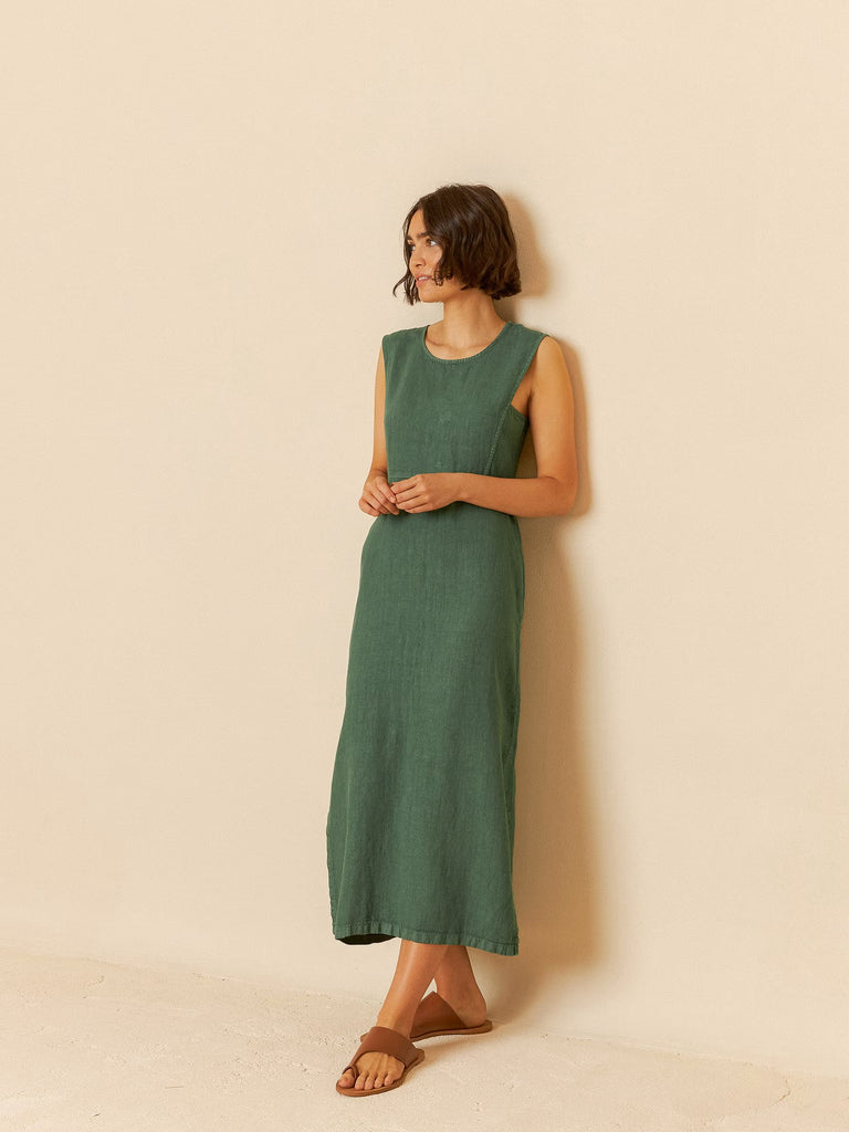 INDI AND COLD GREEN SLIM FIT LINEN DRESS