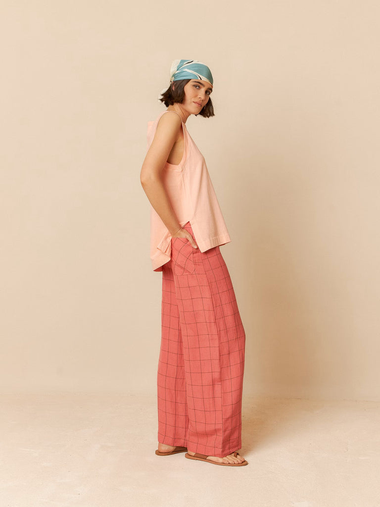 INDI AND COLD PINK CHECK LINEN TROUSER