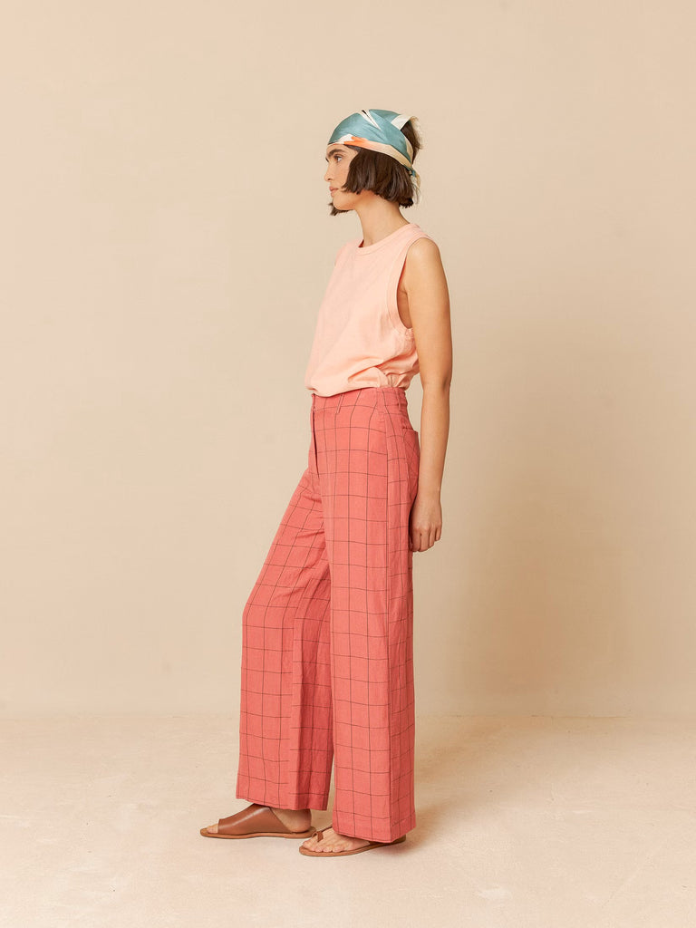 INDI AND COLD PINK CHECK LINEN TROUSER